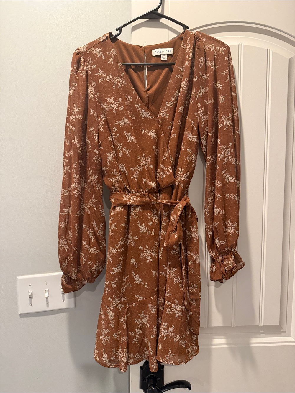 She + Sky Rust Floral Long-Sleeve Wrap Dress